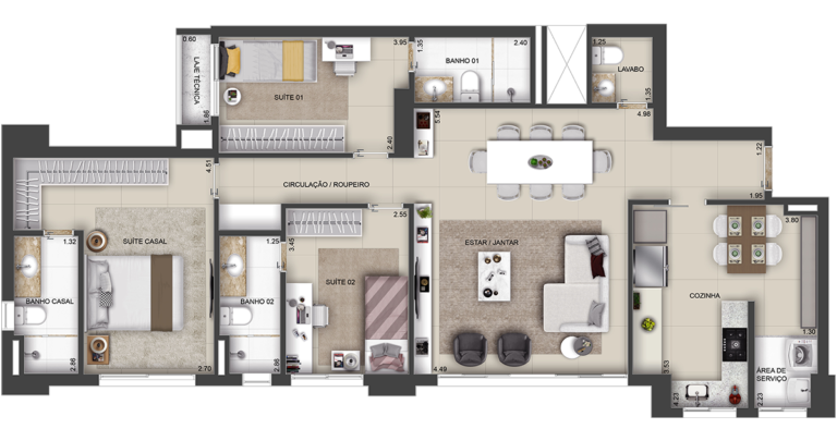 111 m² | 3 suítes cozinha Fechada